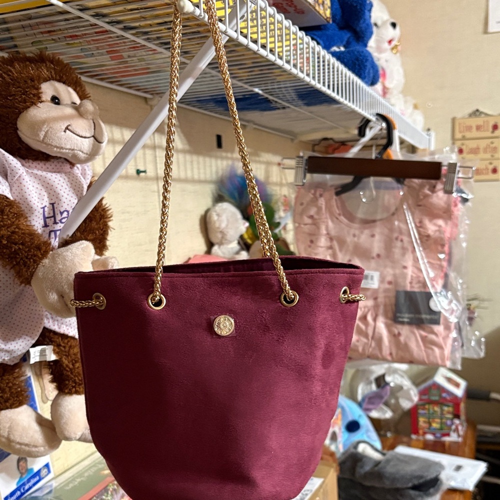 Chic Burgundy Suede Shoulder Bag with Gold Accents